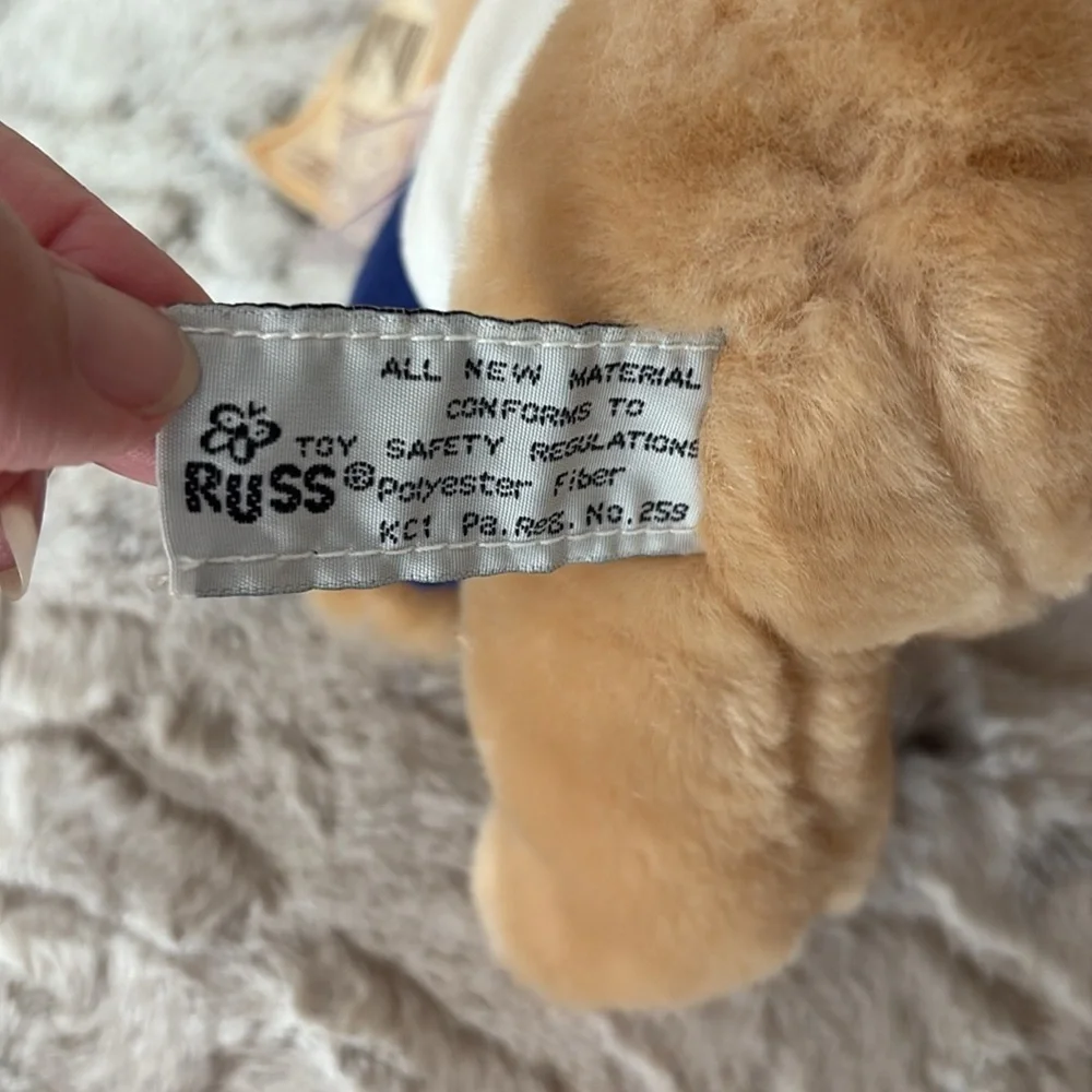 Russ Teddy Bear with Blue Sleeve and Pink Bow. Ski Beech. Vintage